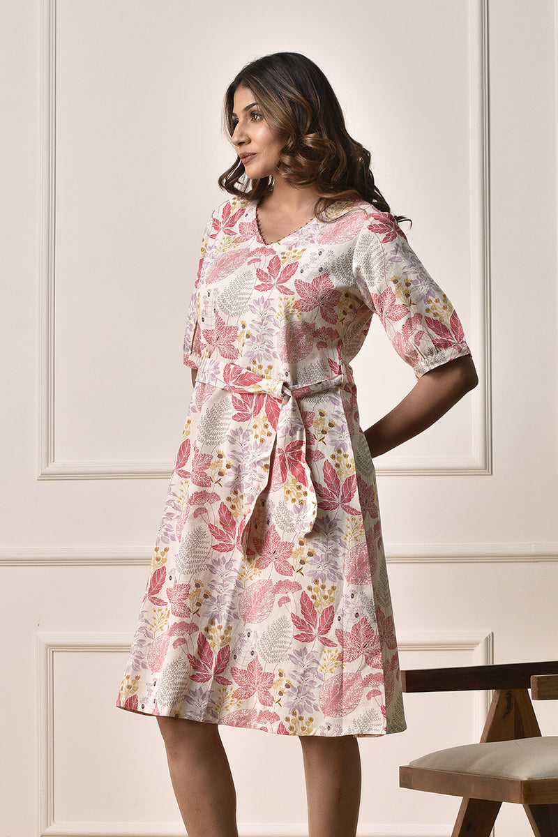 A-Line floral print Dress in Cotton Linen