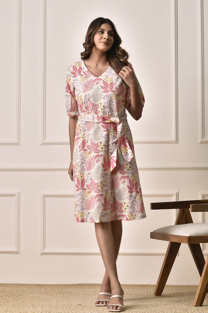 A-Line floral print Dress in Cotton Linen