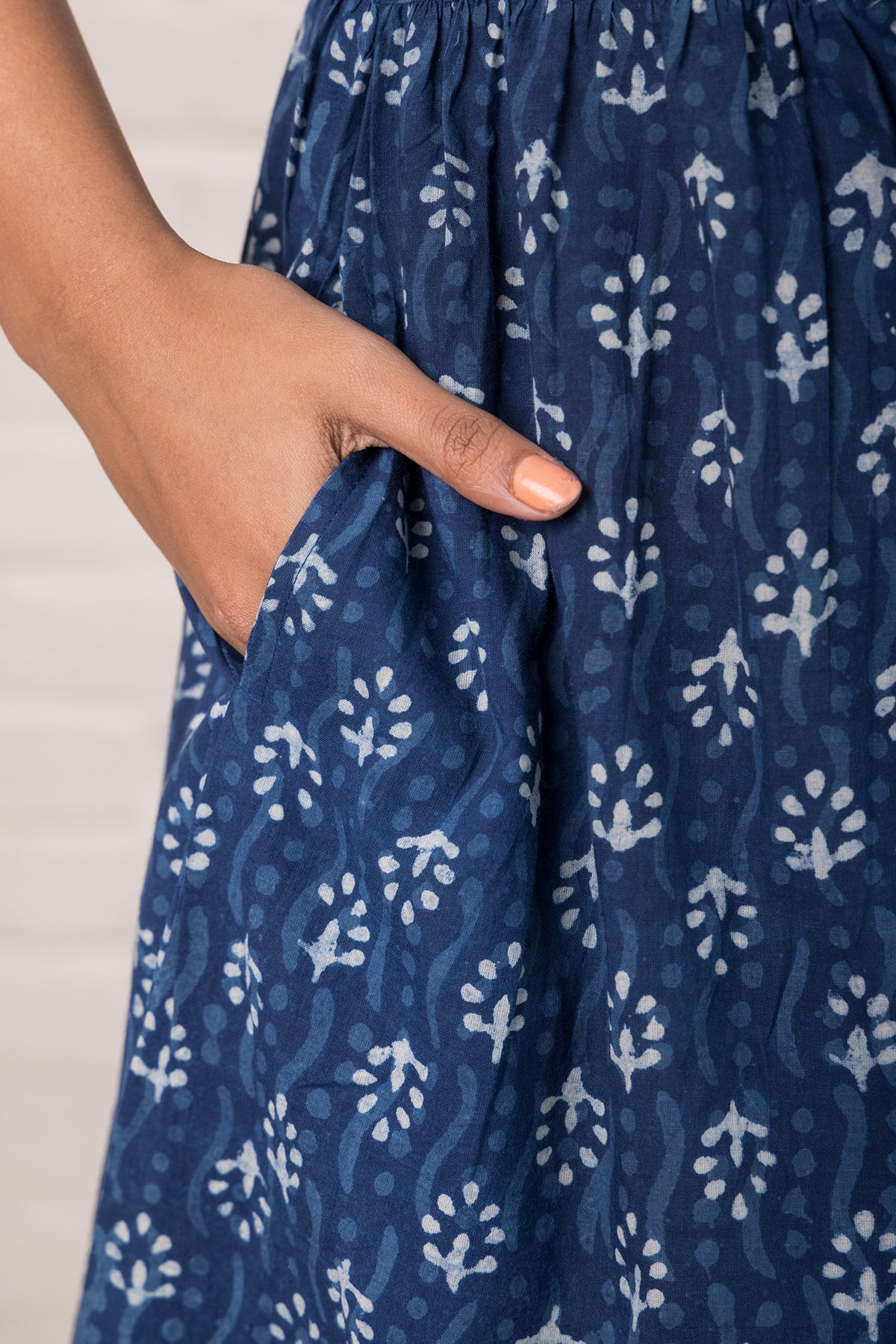 Printed Cotton  Dress with Stitch Detail in Indigo