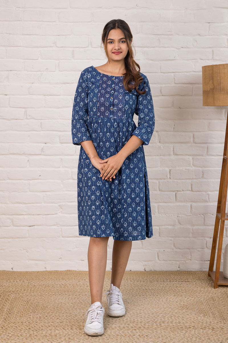 Printed Cotton  Dress with Stitch Detail in Indigo