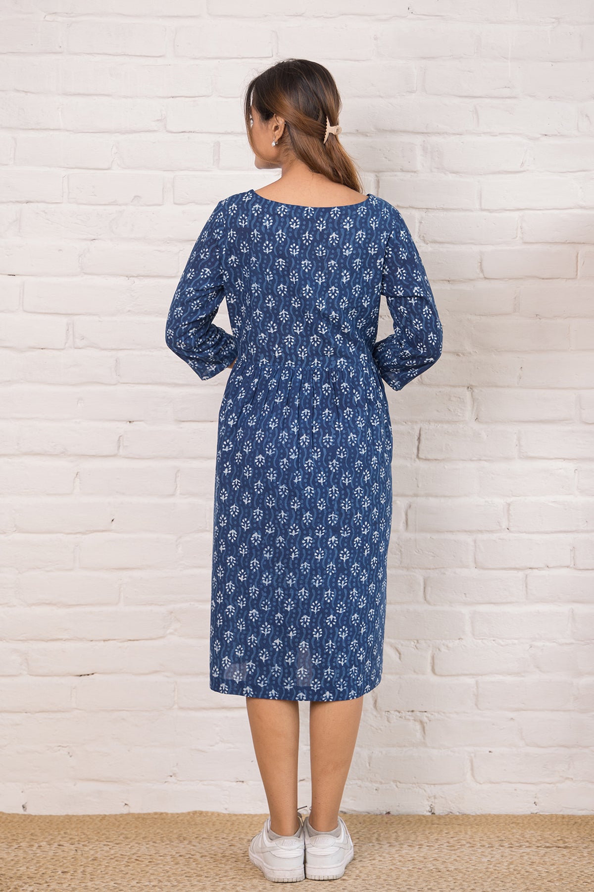 Printed Cotton  Dress with Stitch Detail in Indigo