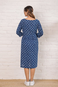 Printed Cotton  Dress with Stitch Detail in Indigo