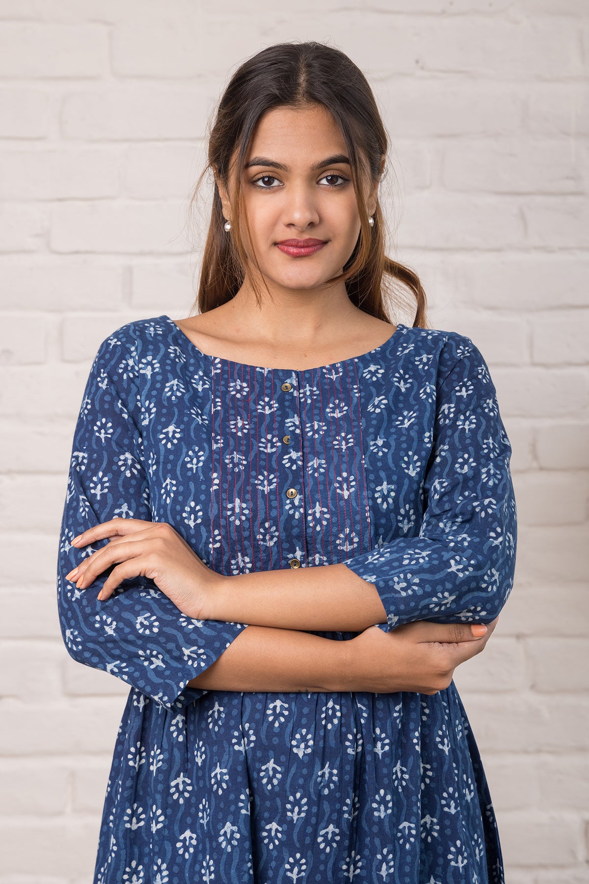 Printed Cotton  Dress with Stitch Detail in Indigo