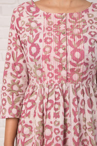 Printed Cotton  Dress with Stitch Detail in Pink