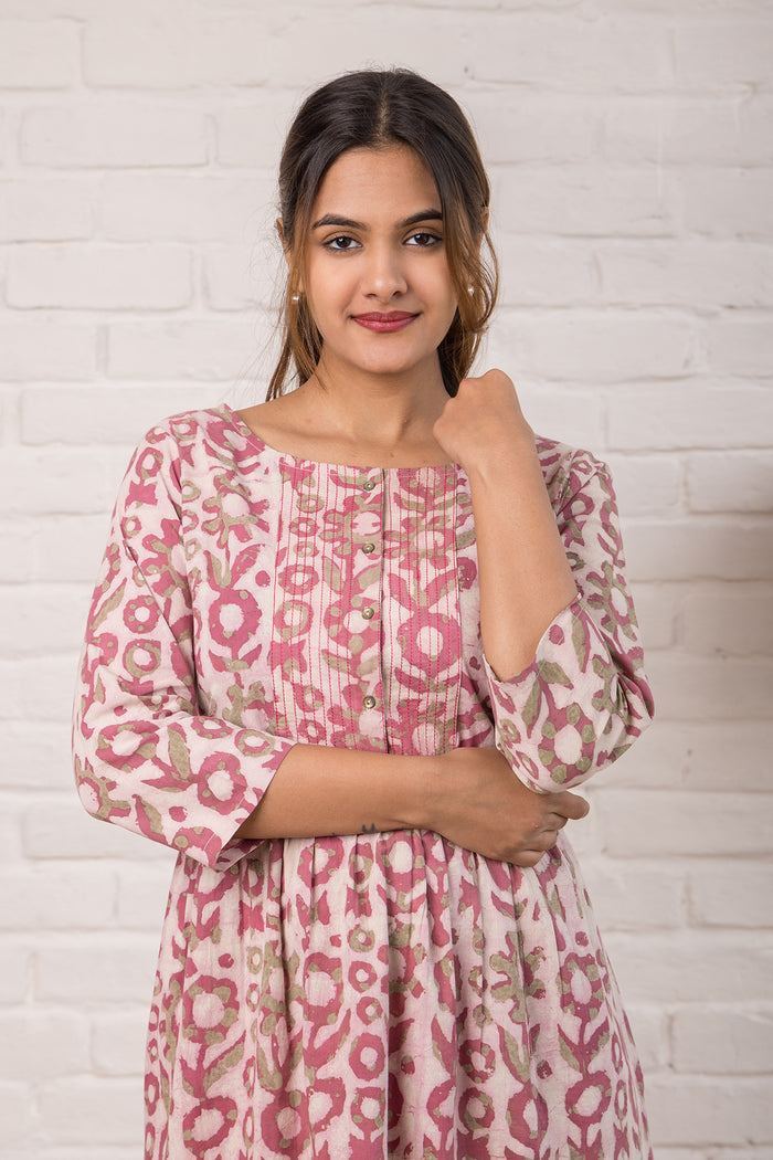 Printed Cotton  Dress with Stitch Detail in Pink