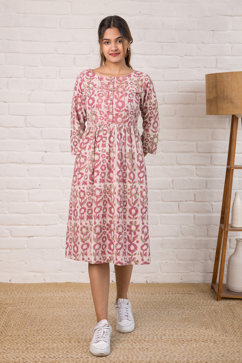 Printed Cotton  Dress with Stitch Detail in Pink