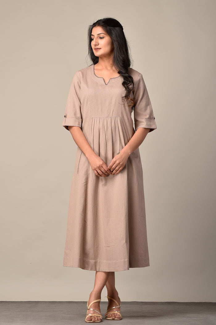 Linen Long Dress in Khakhi Beige