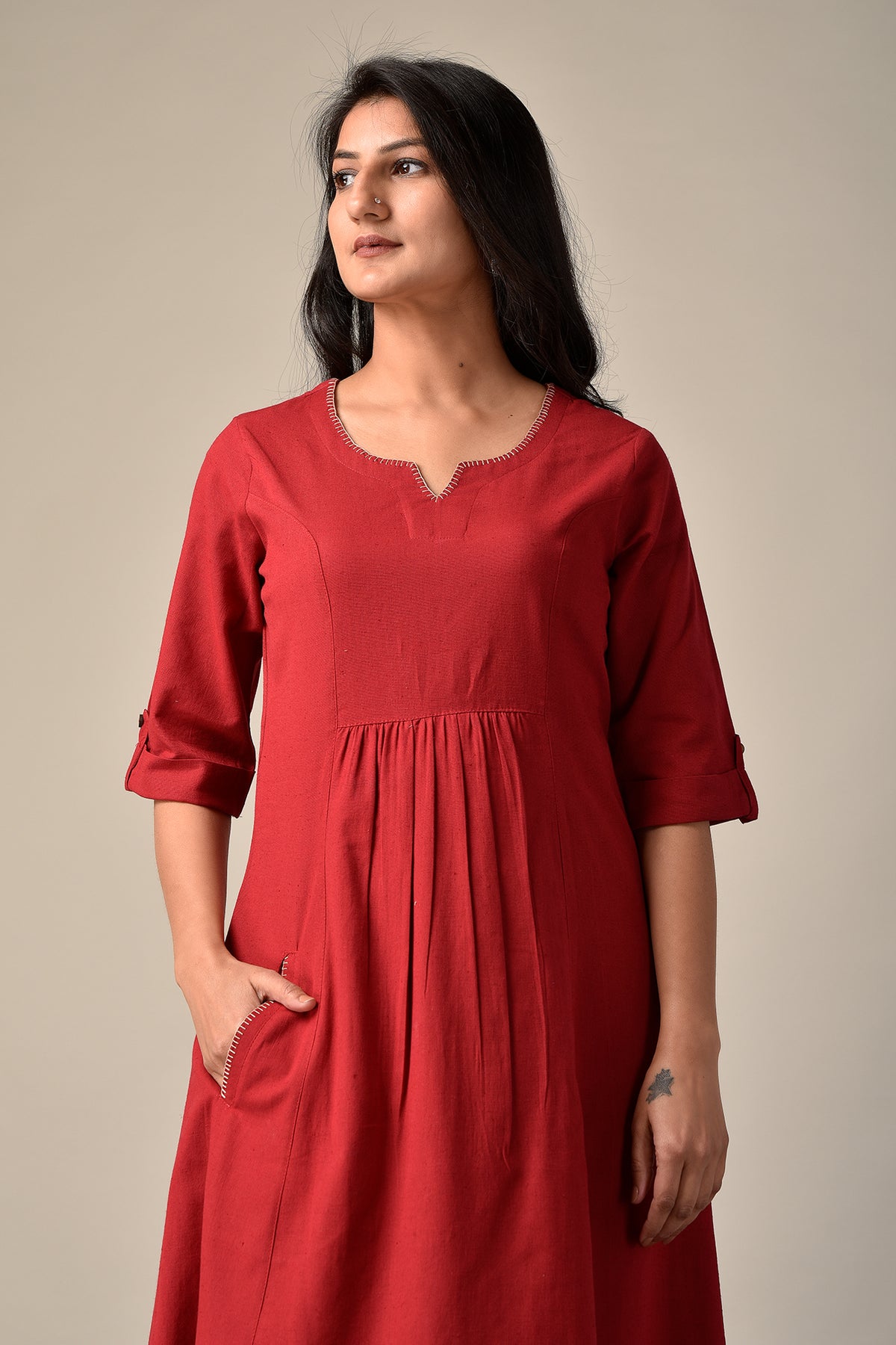 Linen Long Dress in Deep Red