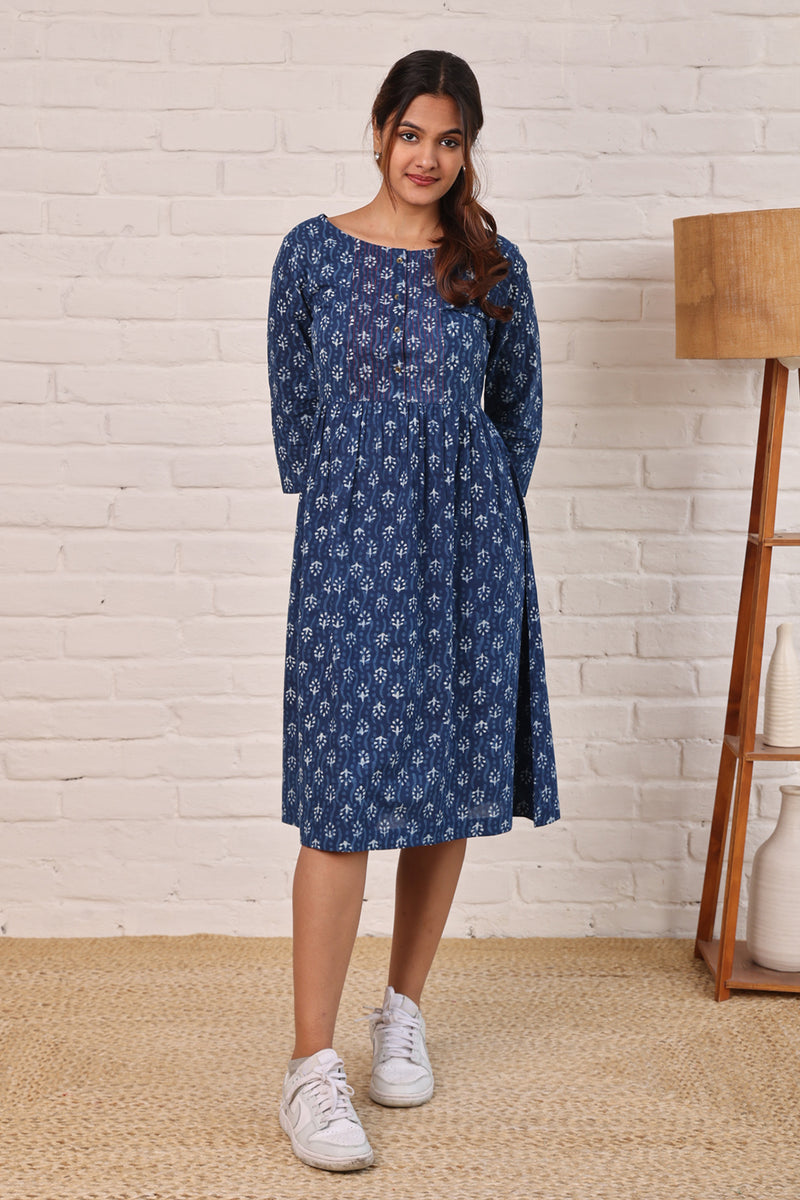 Printed Cotton  Dress with Stitch Detail in Indigo