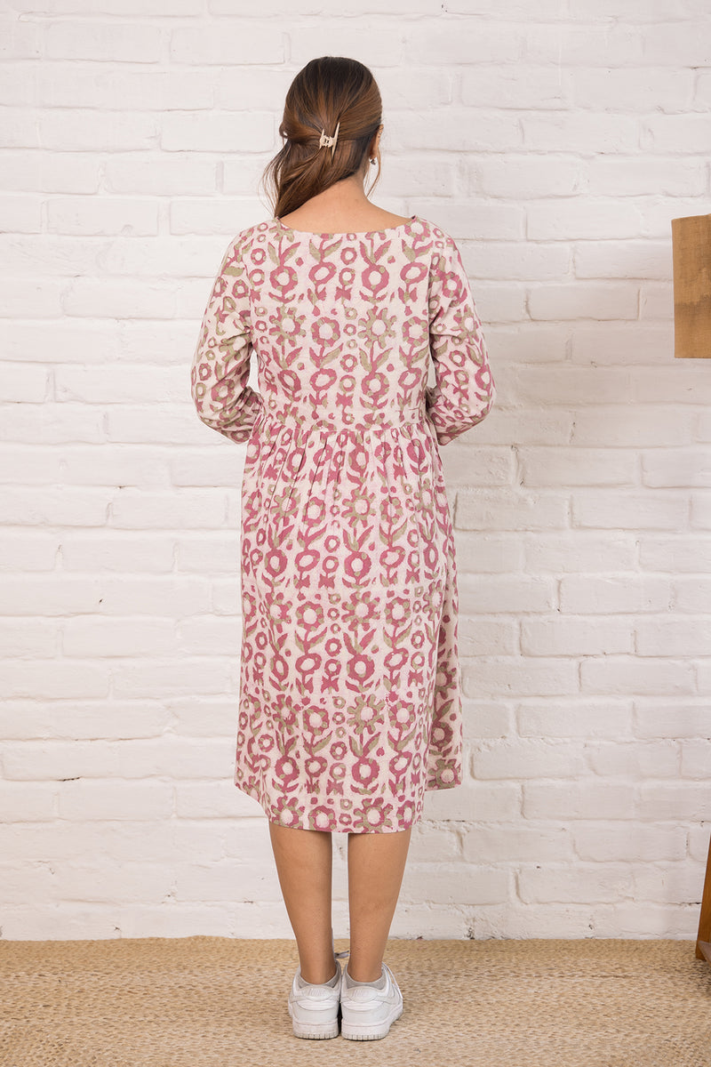 Printed Cotton  Dress with Stitch Detail in Pink