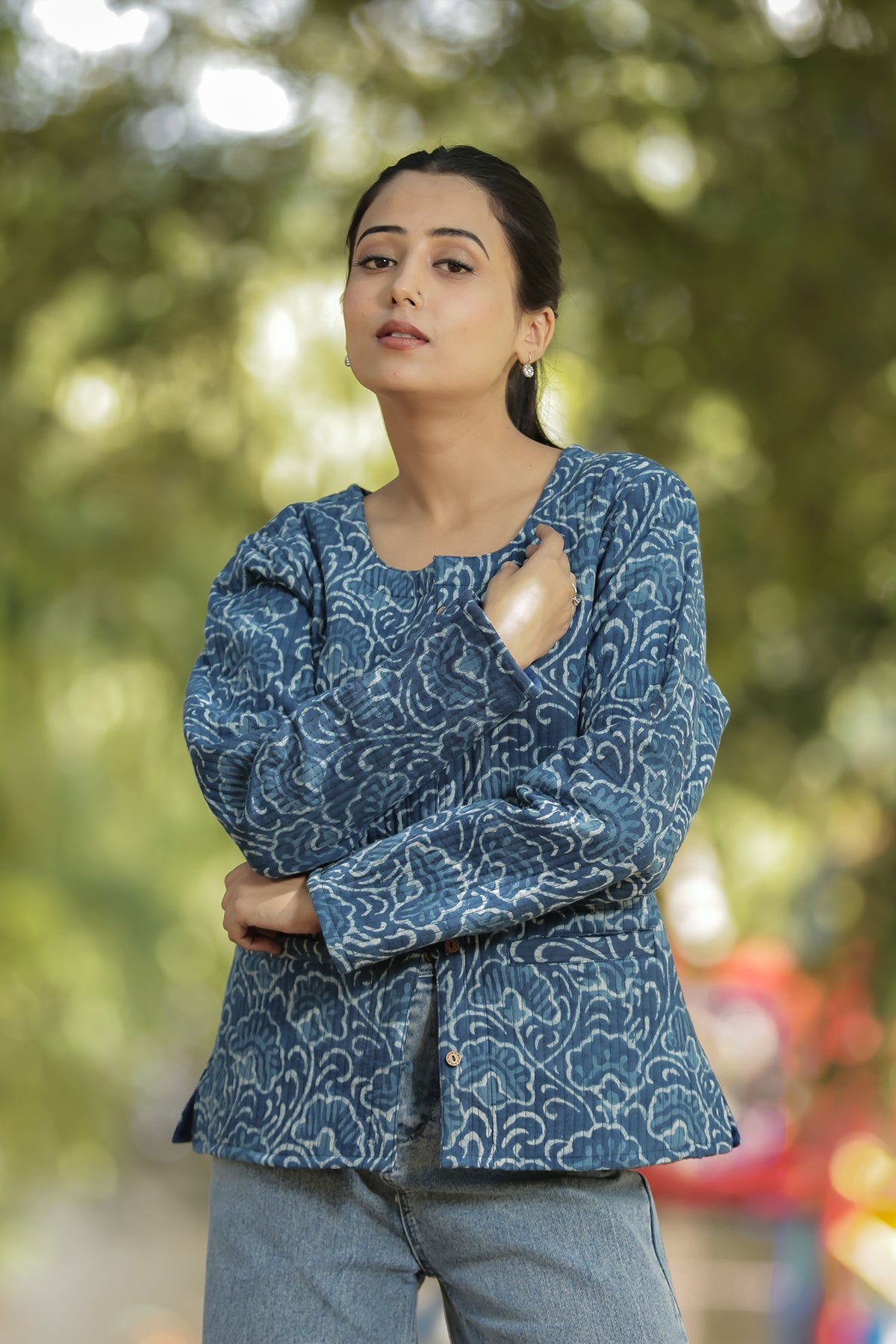 Full Sleeve Hand Block printed Quilted Jacket with Pockets