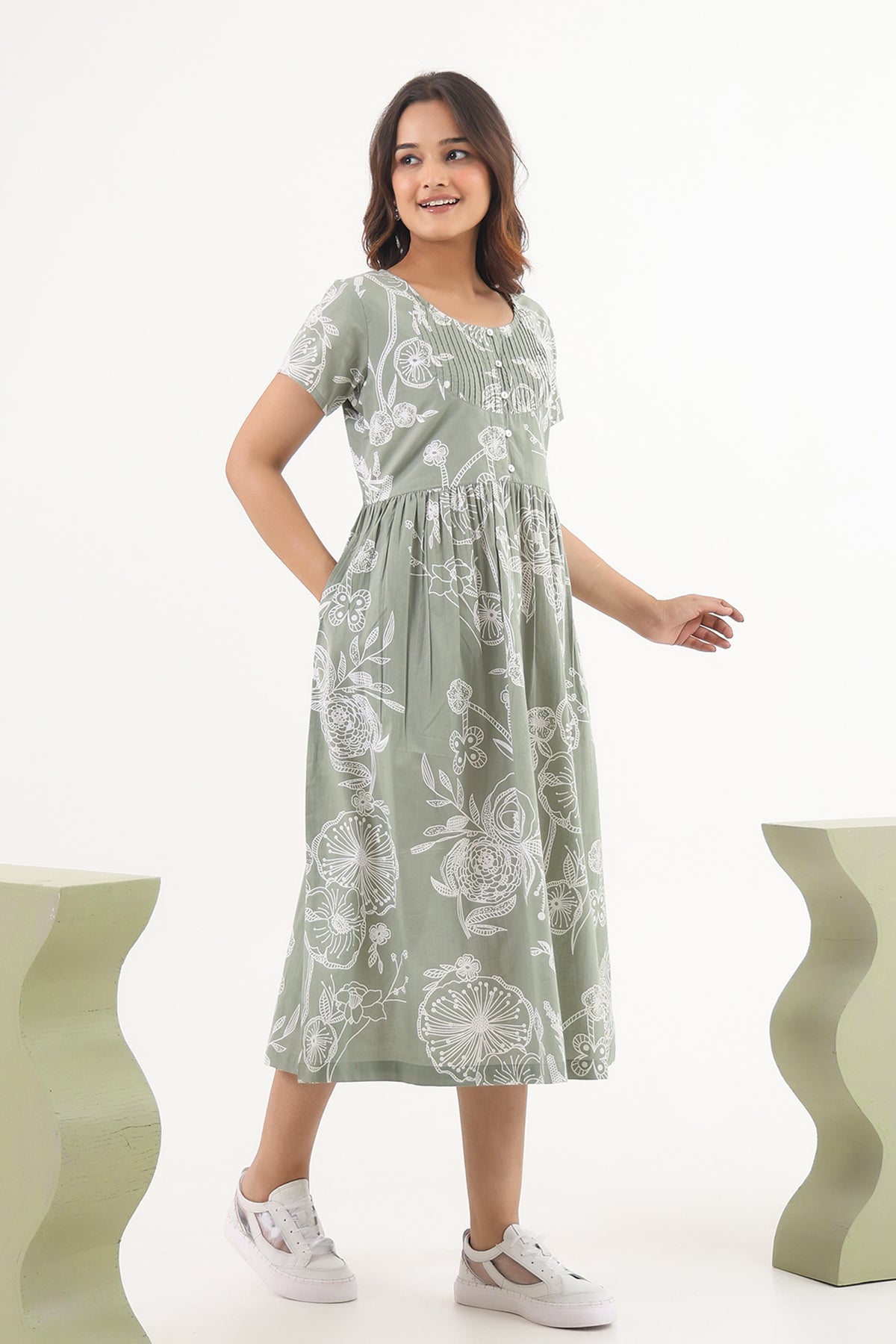 Printed Pintuck Cotton Dress Indirookh Printed Pintuck Cotton Dress Indirookh