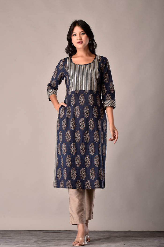 Bagru Print Kurta with Gota Yoke in Navy