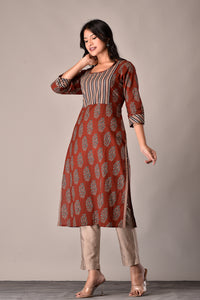 Bagru Print Kurta with Gota Yoke in Red