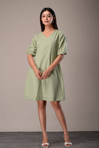 Handloom Cotton Dress in Light Green