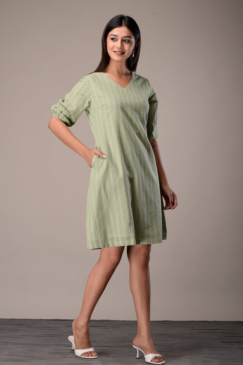 Handloom Cotton Dress in Light Green