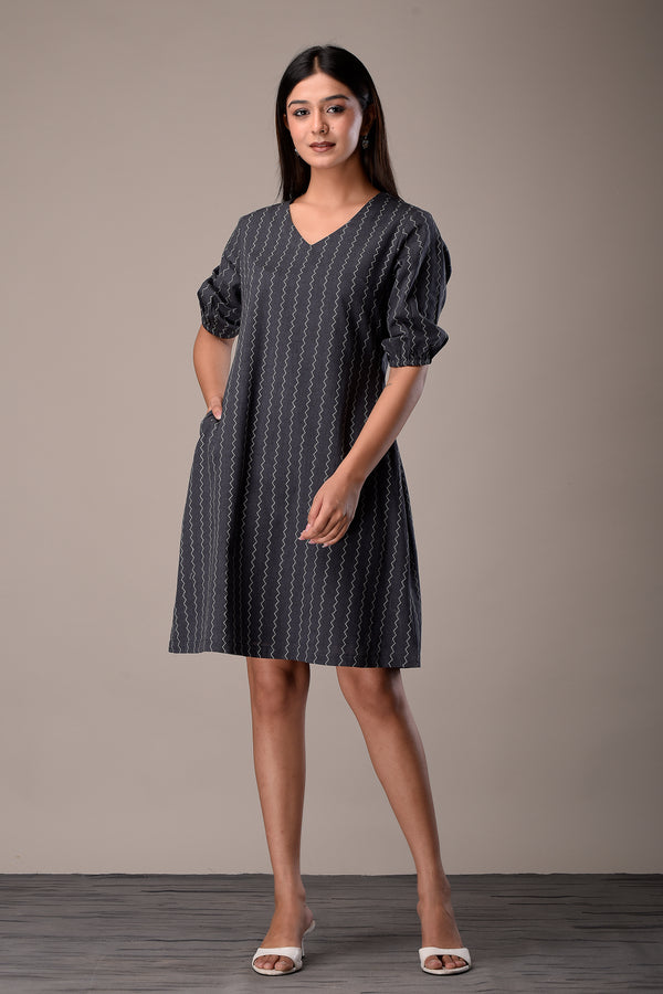 Handloom Cotton Dress in Dark Grey