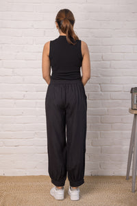 Linen Blend Jogger Style Pant in Black