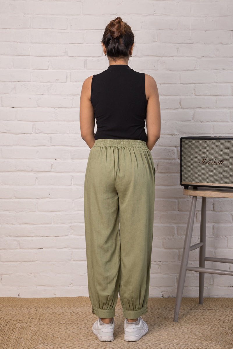 Linen Blend Jogger Style Pant in Olive