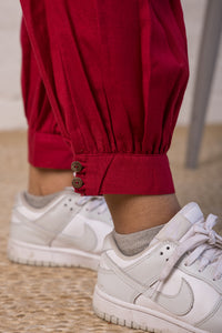 Linen Blend Jogger Style Pant in Deep Red