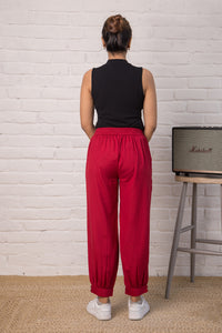 Linen Blend Jogger Style Pant in Deep Red