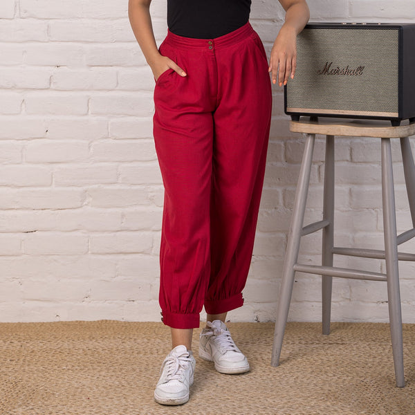Linen Blend Jogger Style Pant in Deep Red