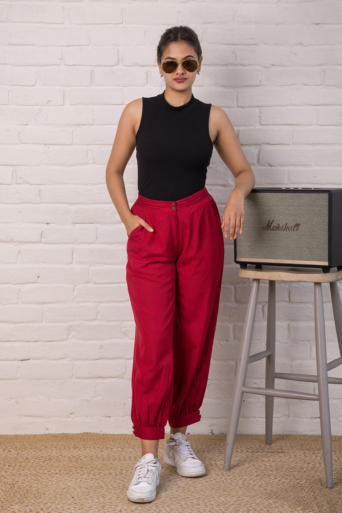 Linen Blend Jogger Style Pant in Deep Red