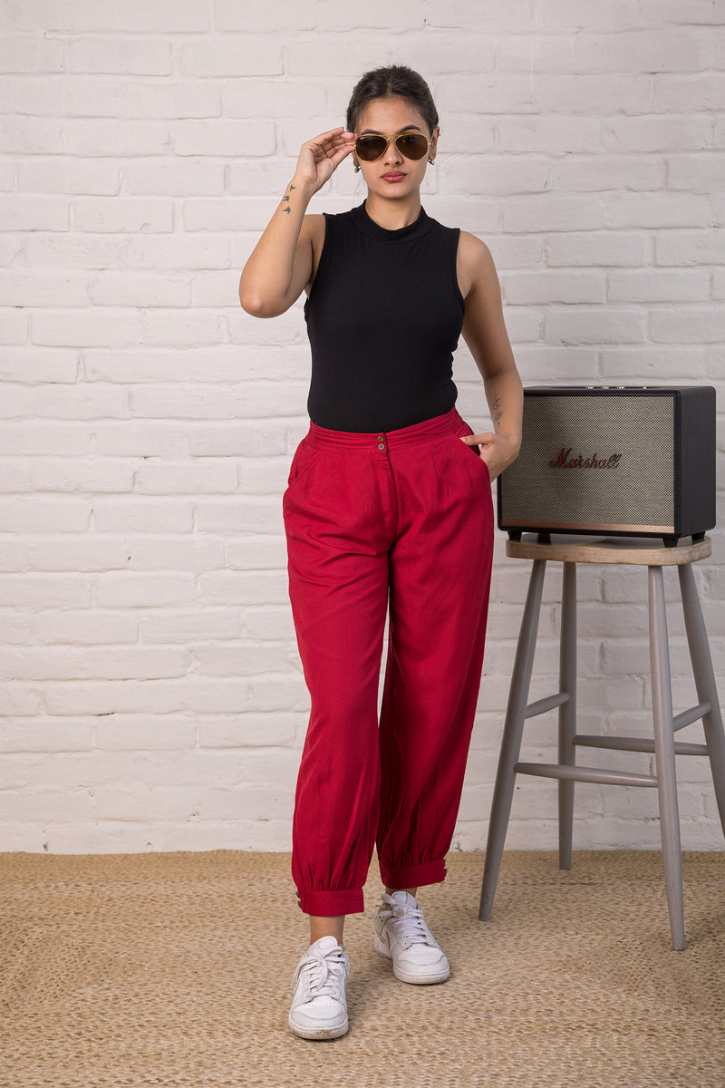 Linen Blend Jogger Style Pant in Deep Red