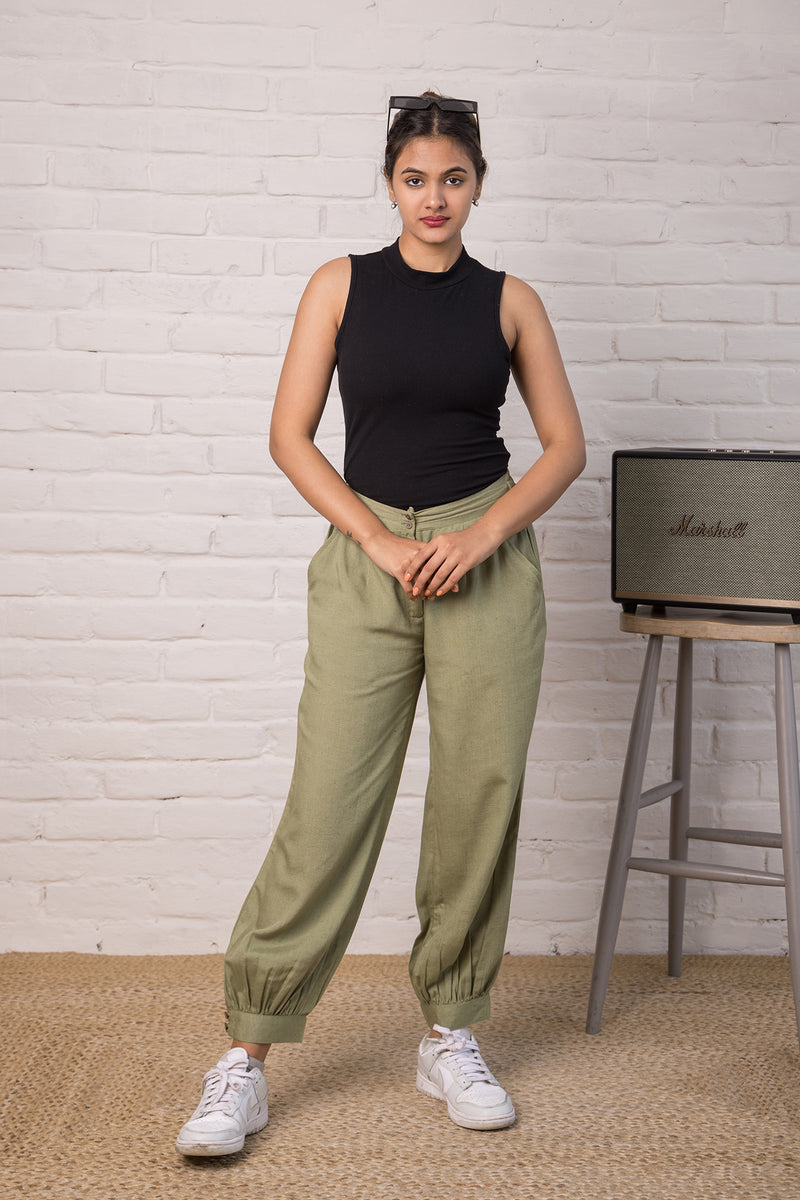 Linen Blend Jogger Style Pant in Olive