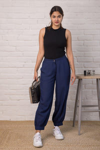 Linen Blend Jogger Style Pant in Indigo