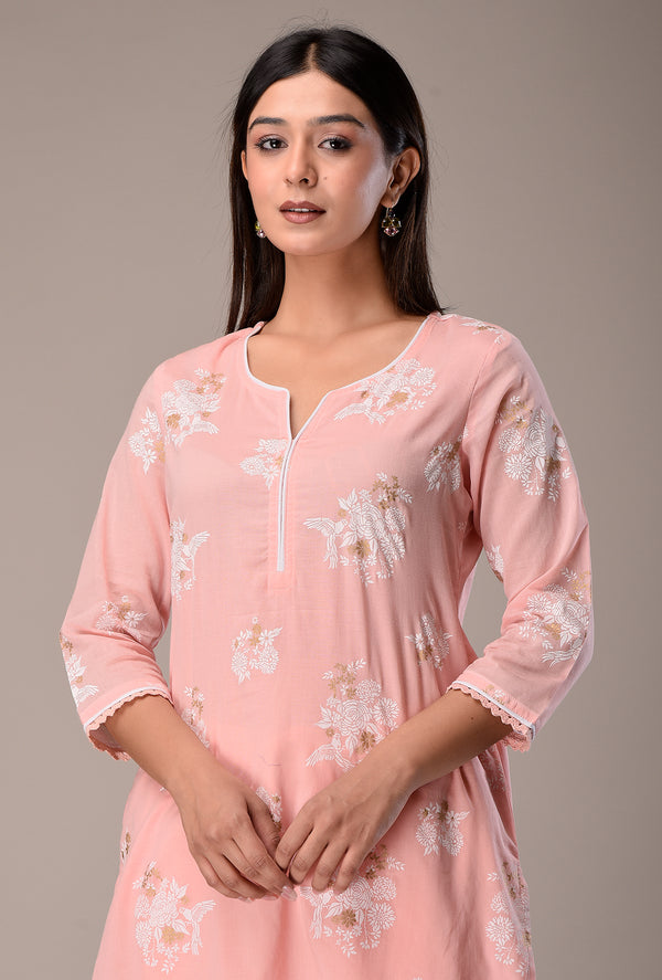 Sanganeri Print Kurta in Light Peach with Lace Detail