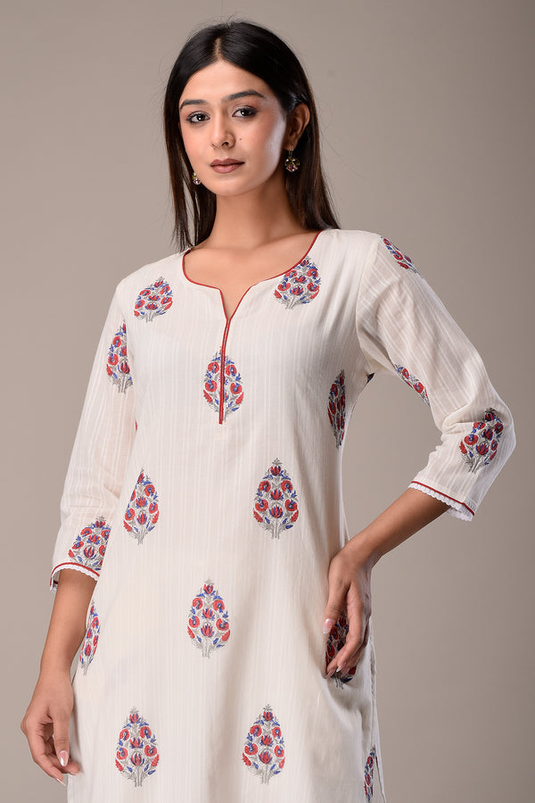 Sanganeri Print Kurta in Off White with Lace Detail