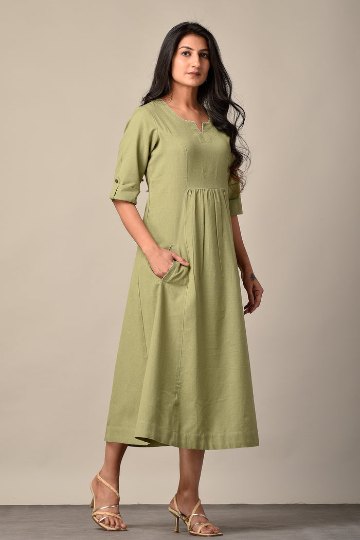Linen Long Dress in Olive Green