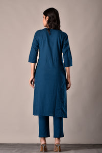 Linen Cotton Kurta with Button detail Teal Blue