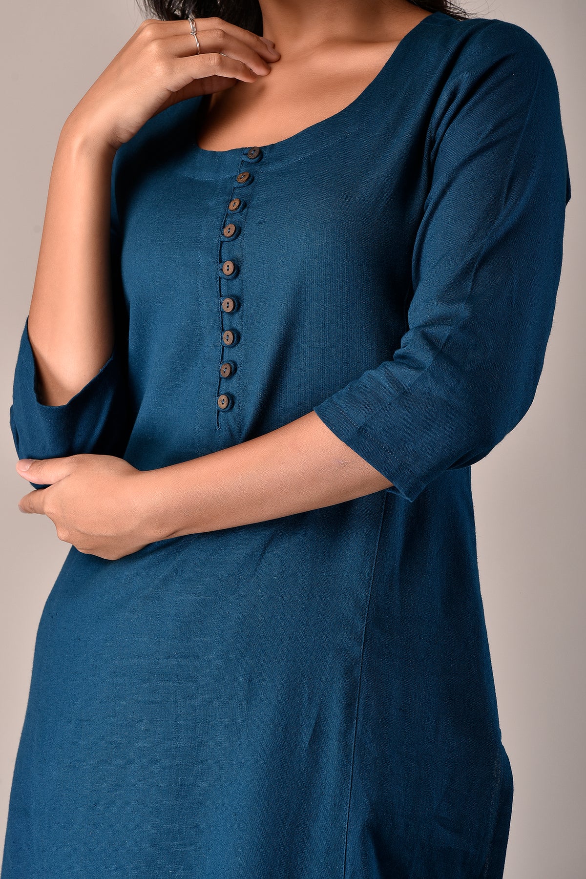 Linen Cotton Kurta with Button detail Teal Blue