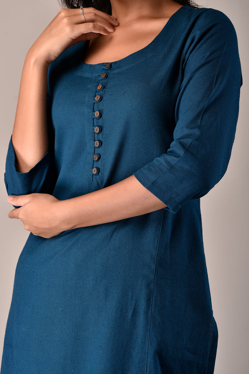 Linen Cotton Kurta with Button detail Teal Blue