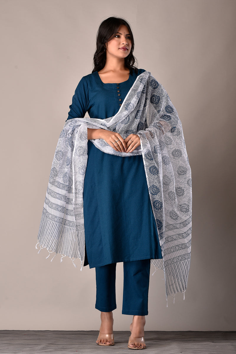 Linen Cotton Kurta with Button detail Teal Blue