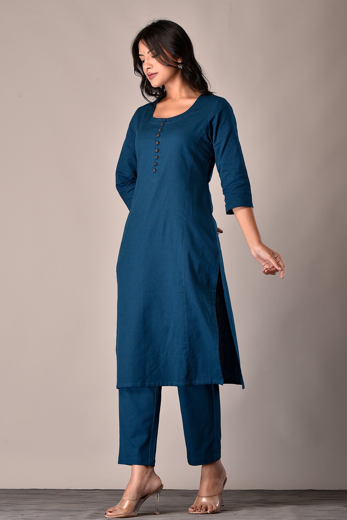 Linen Cotton Kurta with Button detail Teal Blue