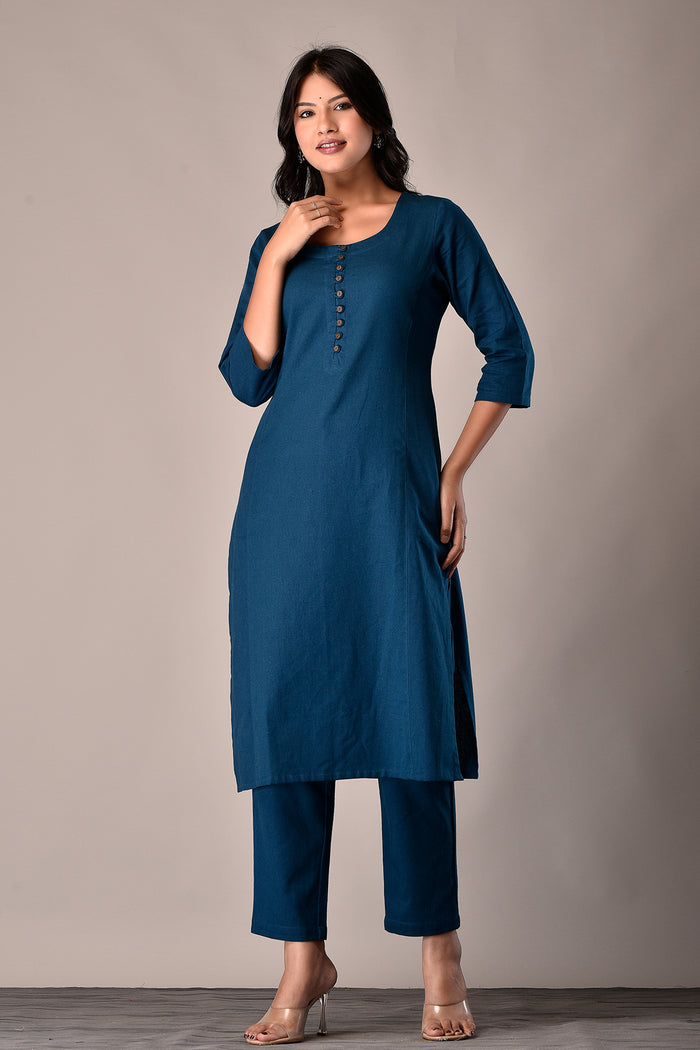 Linen Cotton Kurta with Button detail Teal Blue