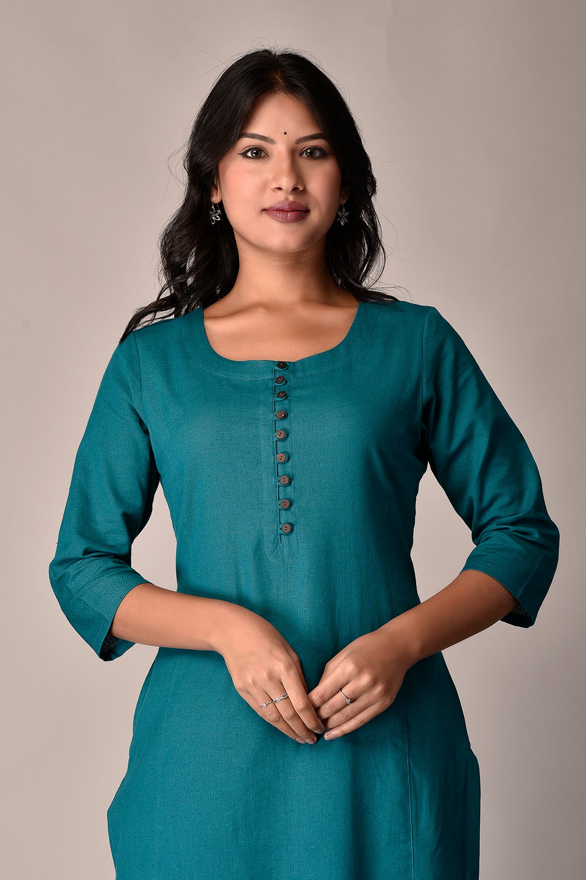 Linen Cotton Kurta with Button detail Rama Green