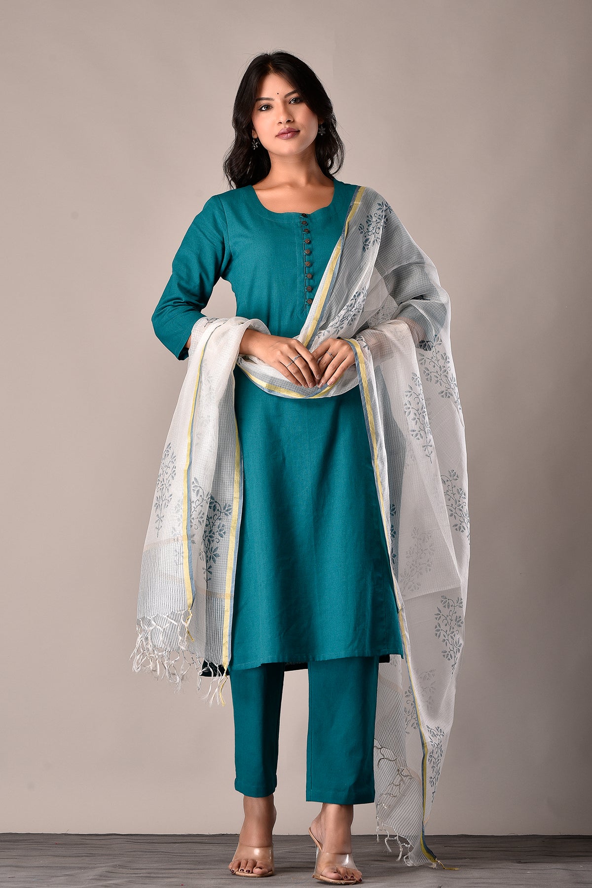 Linen Cotton Kurta with Button detail Rama Green