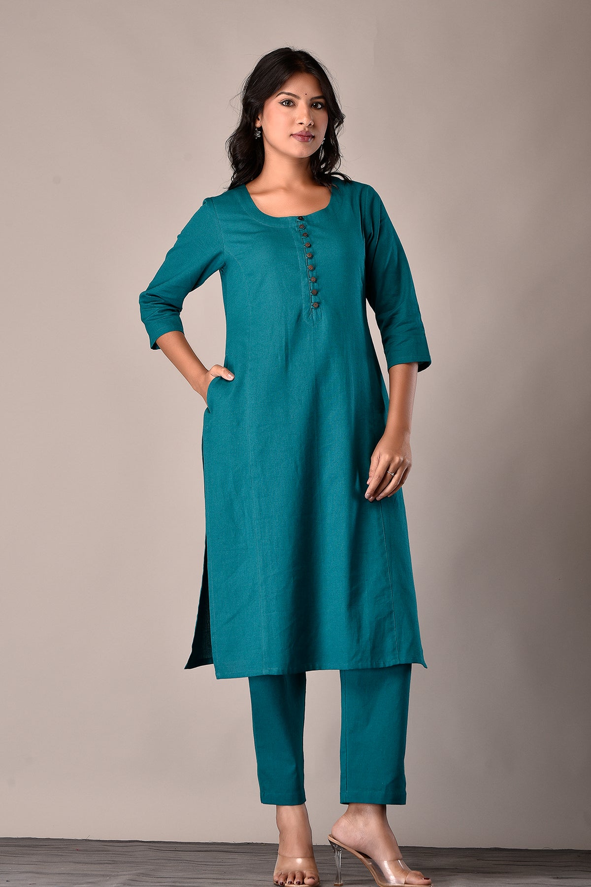 Linen Cotton Kurta with Button detail Rama Green