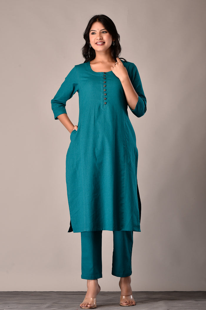 Linen Cotton Kurta with Button detail Rama Green