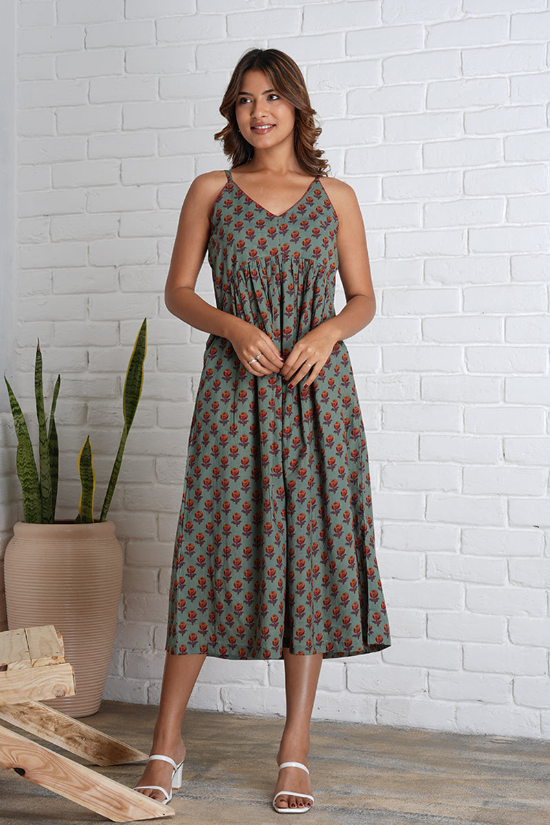 Strappy Mahi Dress with Embroidery Detail in Jaipur Prints