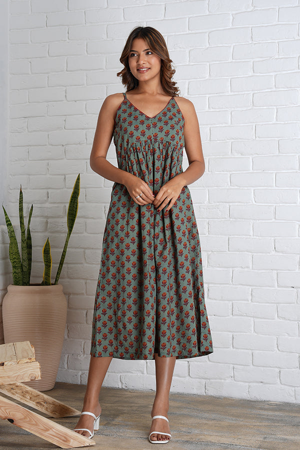 Strappy Mahi Dress with Embroidery Detail in Jaipur Prints
