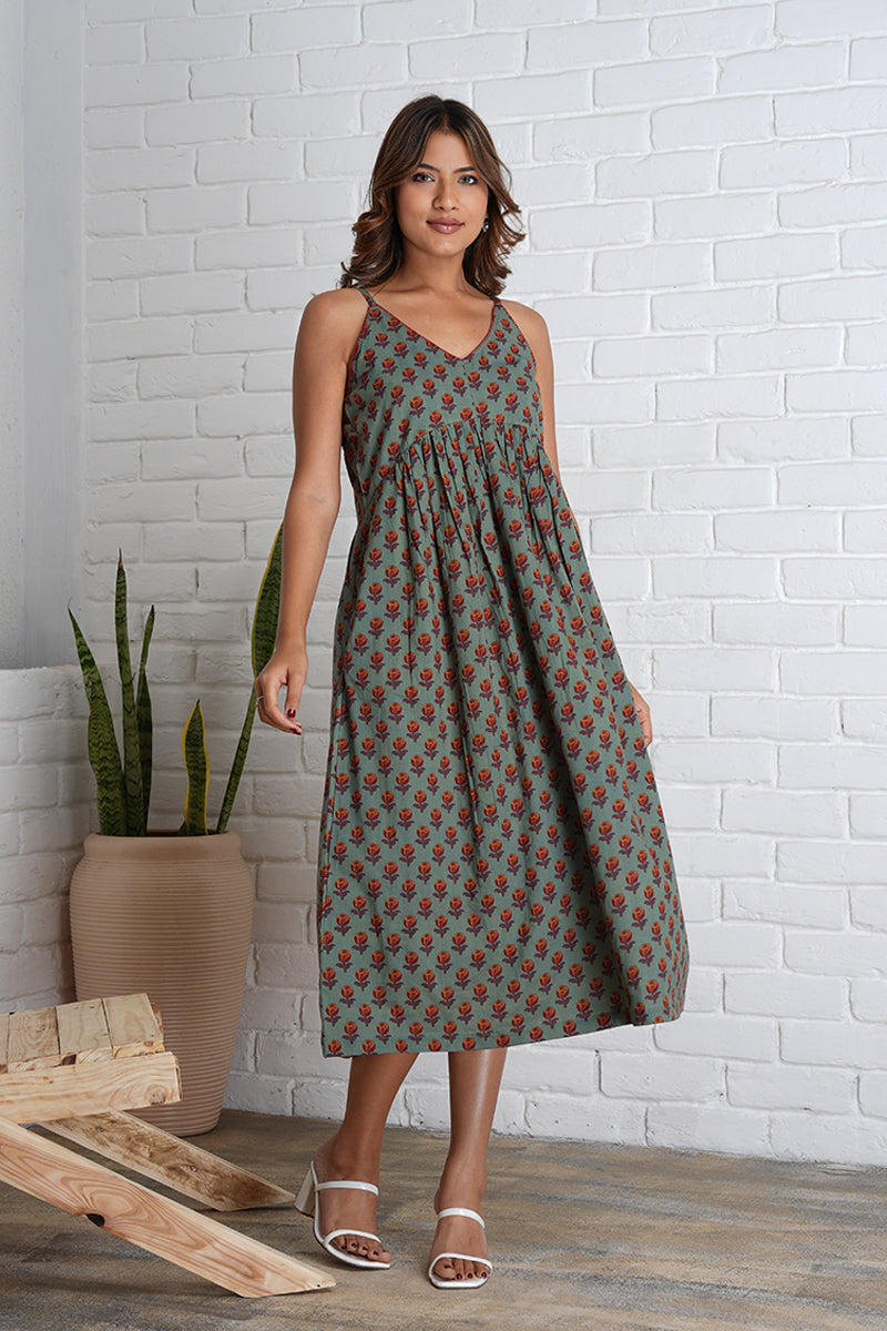Strappy Mahi Dress with Embroidery Detail in Jaipur Prints
