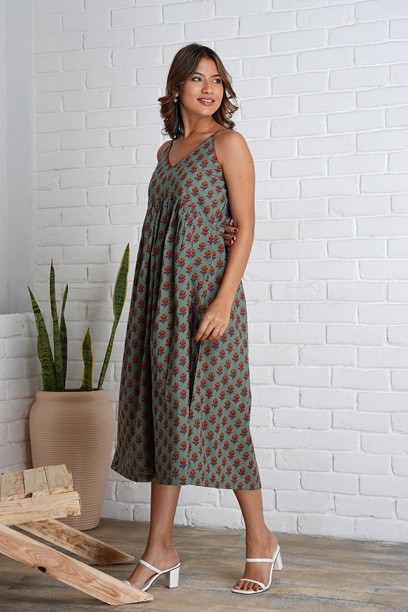 Strappy Mahi Dress with Embroidery Detail in Jaipur Prints
