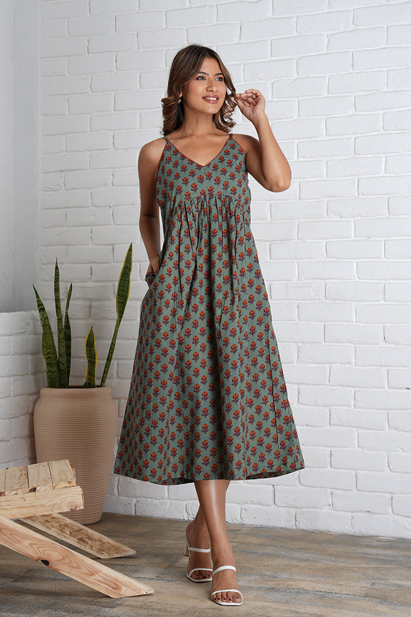 Strappy Mahi Dress with Embroidery Detail in Jaipur Prints