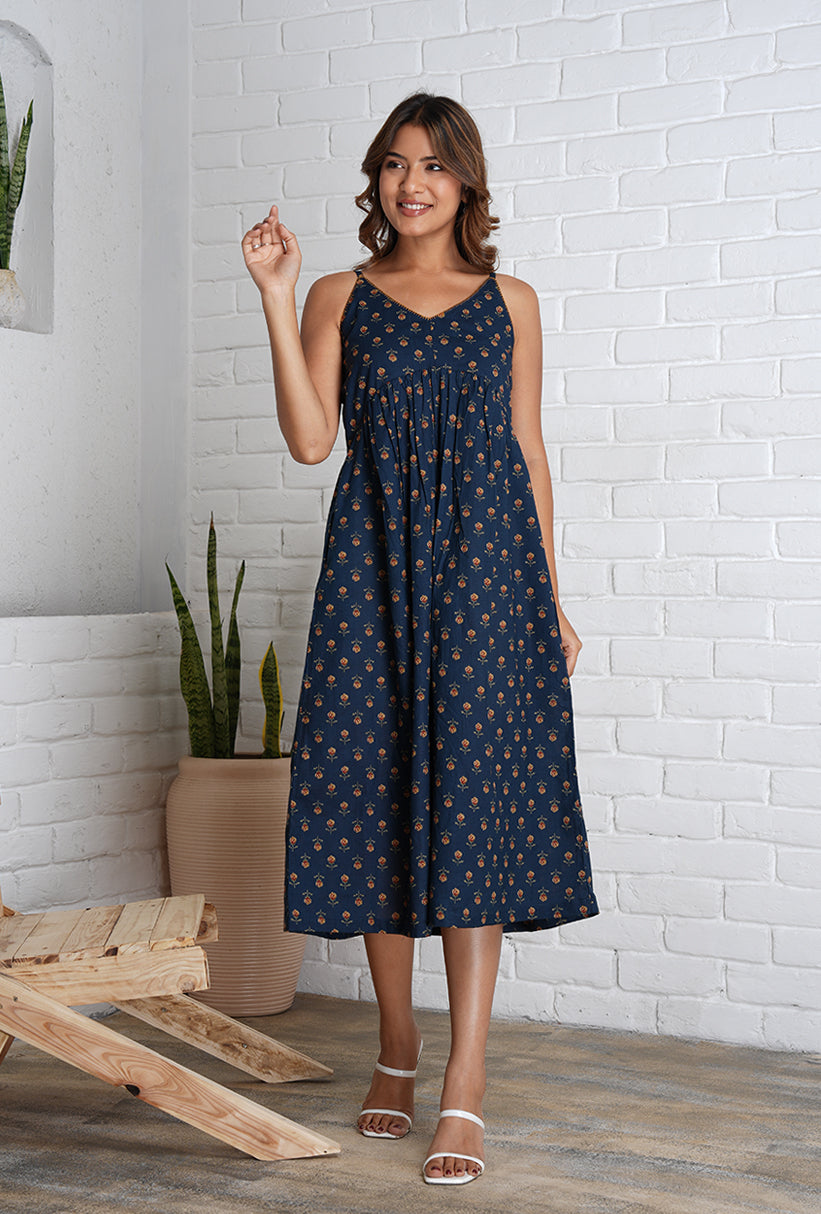 Strappy Mahi Dress with Embroidery Detail in Jaipur Prints