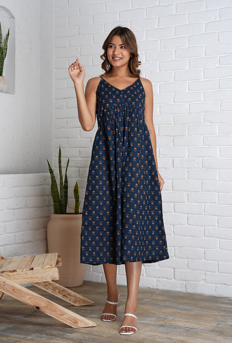 Strappy Mahi Dress with Embroidery Detail in Jaipur Prints
